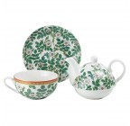 (Floral Green Leaves) Porcelain 4-Piece Tea For One