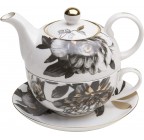 (Black Gold Peony) Porcelain 4-Piece Tea For One