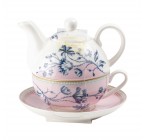 (Blue Rose Pink) Porcelain Tea Set for One Person 4 Pieces