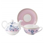 (Blue Rose Pink) Porcelain Tea Set for One Person 4 Pieces