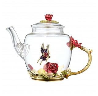 Floral Glass 10 oz Teapot with Gold Leaf Rim Color