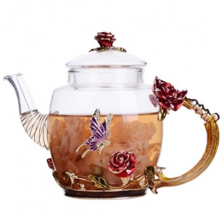 Floral Glass 10 oz Teapot with Gold Leaf Rim Color