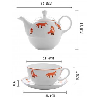 (Orange fox pattern) Porcelain 3-Piece Tea For One
