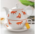 (Orange fox pattern) Porcelain 3-Piece Tea For One