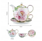 (Peony blooms) Porcelain 4-Piece Tea For One