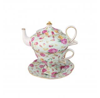 ( Pink Rose Bouquet Chintz) Porcelain 4-Piece Tea For One