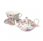 ( Pink Rose Bouquet Chintz) Porcelain 4-Piece Tea For One