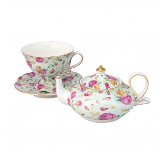 ( Pink Rose Bouquet Chintz) Porcelain 4-Piece Tea For One