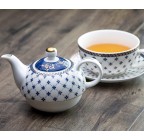 (Trellis Blue Gold) Porcelain 4-Piece Tea For One