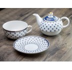 (Trellis Blue Gold) Porcelain 4-Piece Tea For One